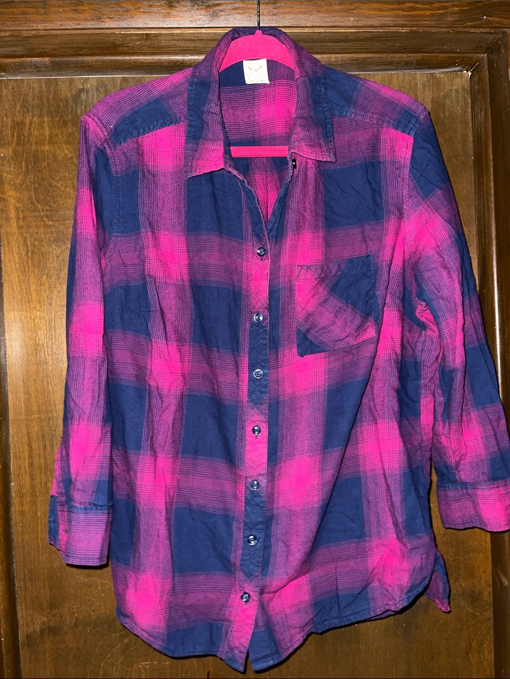 Faded Glory Pink & Navy Plaid Button-Down Shirt